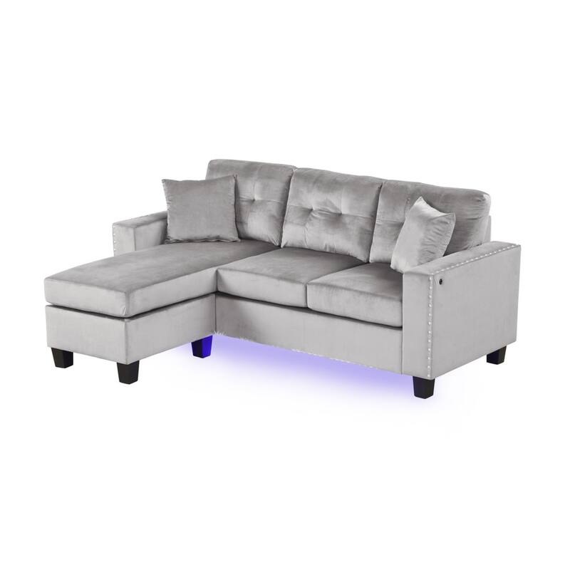 Renza 74 Inch Reversible Sectional Sofa w Chaise, LED USB, Gray Velvet