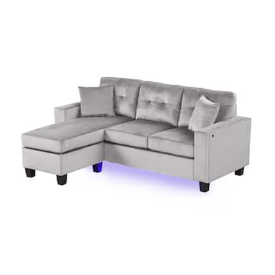 Renza 74 Inch Reversible Sectional Sofa w Chaise, LED USB, Gray Velvet