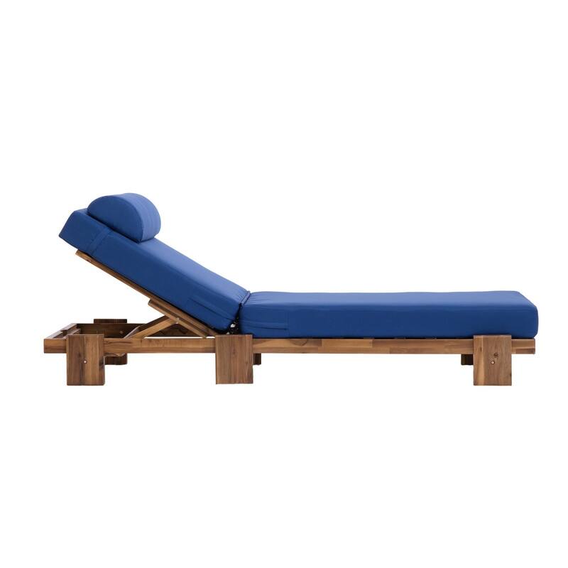 78.8'' Acacia Wood Outdoor Chaise Lounge Adjustable Recliner with Headrest & Retractable Side Tray - N/A
