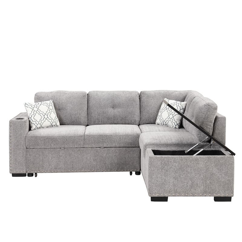 83.8" Pull-Out Sofa Bed with Storage Chaise, USB Ports, Power Outlets, and Cup Holders for Living Room
