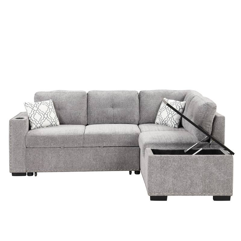 83.8'' L-Shaped 4-Seat Sectional Sofa with Pull-Out Bed, Storage Chaise, USB Ports, Power Sockets, and Cup Holders