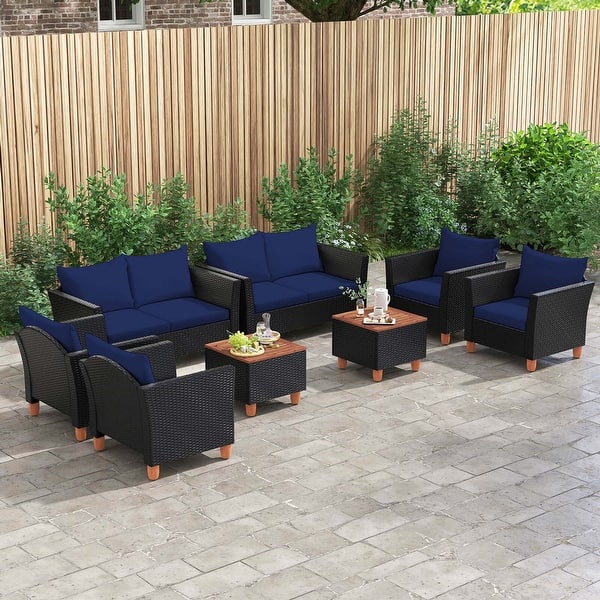 slide 2 of 10, Costway 8 PCS Wicker Patio Furniture Set with Removable Cushions - See Details Navy+Black