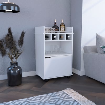 35" H Bar Cart with Two Shelves four Wine Cubbies and One Cabinet,White