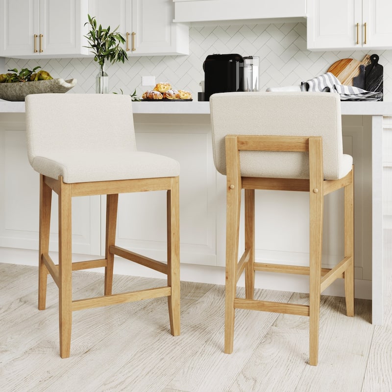 Gracie Modern Bar Stool, Boucle Upholstered Chair and Brushed Wooden Legs - Set of 2 - Cream Boucle/Warm Pine - Counter Height