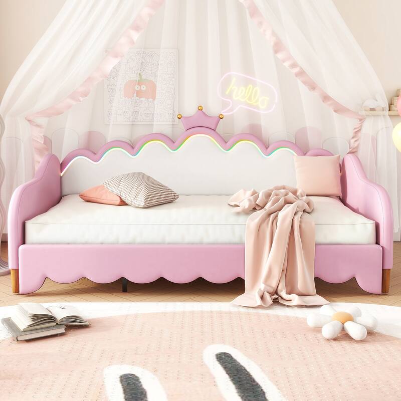 LED Crown Headboard Princess Daybed with Remote Control, Twin to Full Extending Sofabed Frame, Wood Platform Bed