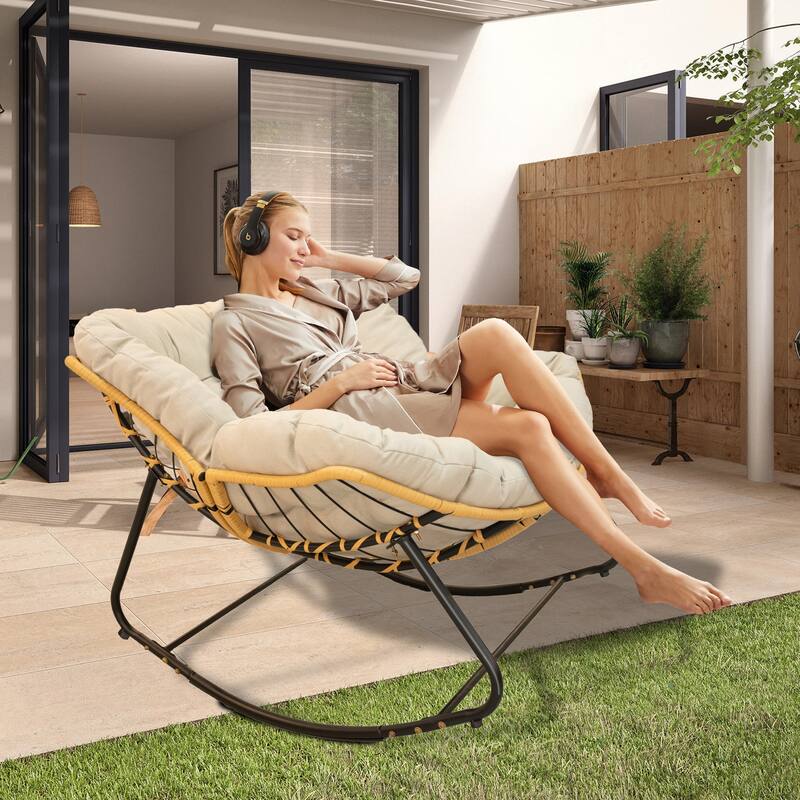 Anmytek Extra Large Indoor-Outdoor Rattan Wicker Egg Rocking Chair Ergonomic Lounge Seat for Patio