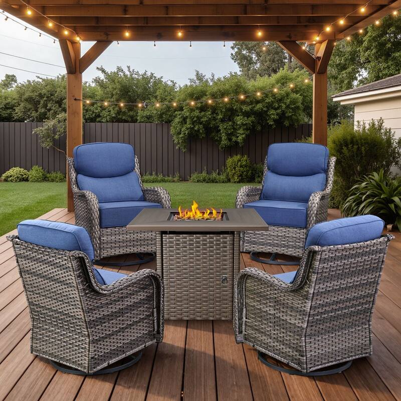 Arcadia 5-Piece Patio Conversation Set with 4 Swivel Glider Chairs and Wicker Square Fire Pit