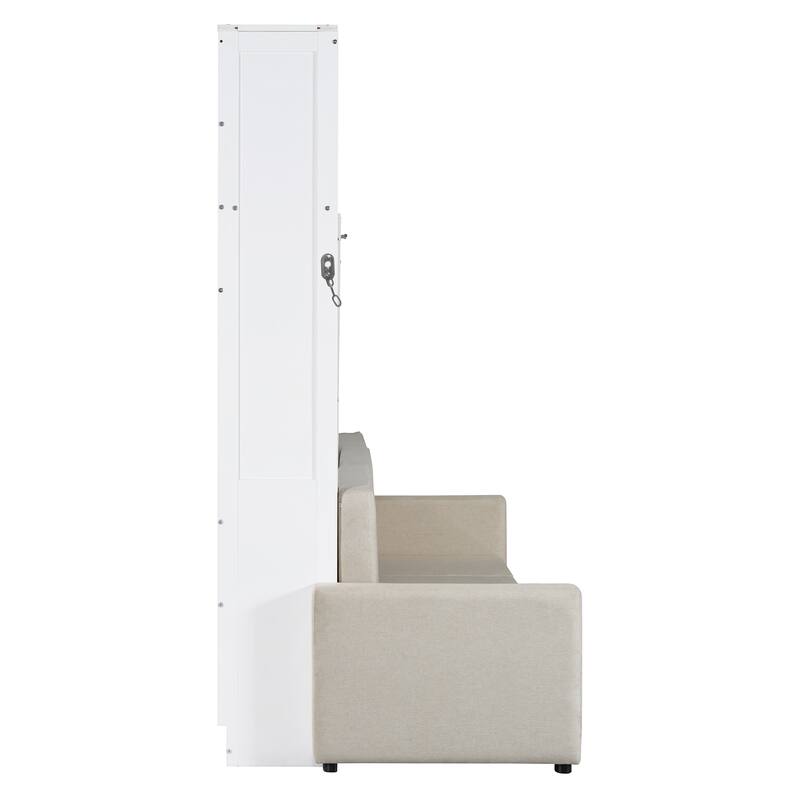 Queen Size Wall Bed with Sofa, Space-Saving Murphy Bed, White