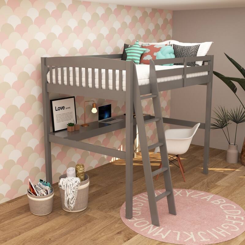 Everest Grey High Loft Bed with Desk and Storage, with Stairs