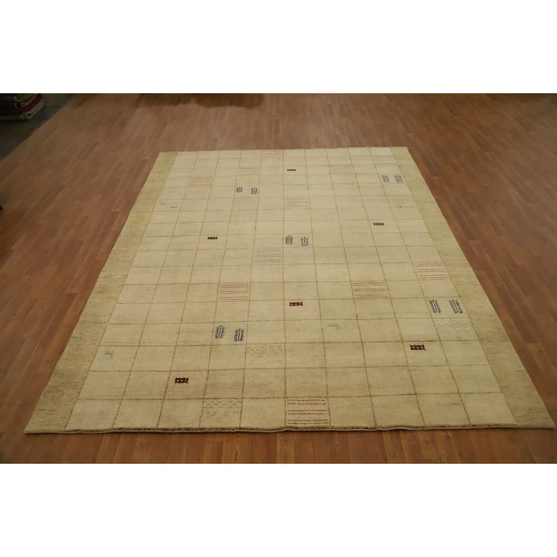 Hand Knotted Oriental 100% Wool Carpet Modern Geometric Beige & Ivories Gabbeh Area Rug - 10' 2'' X 8' 4''