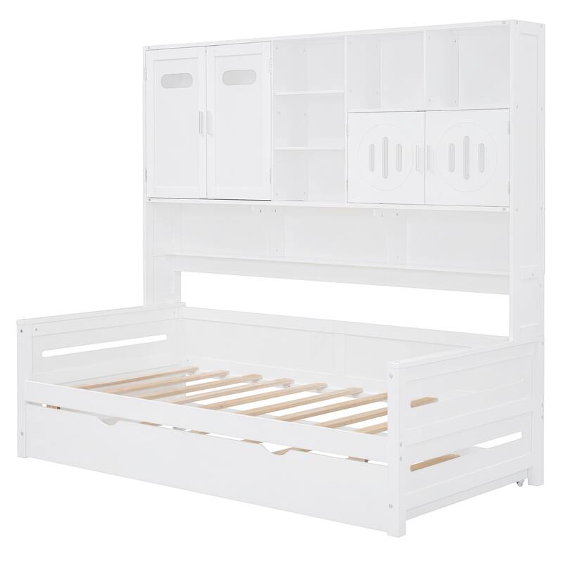 Full Size Wood Daybed with Built-in Storage Cabinet, Open Shelves & Twin Trundle Bed, Space-Saving Multi-Functional Frame