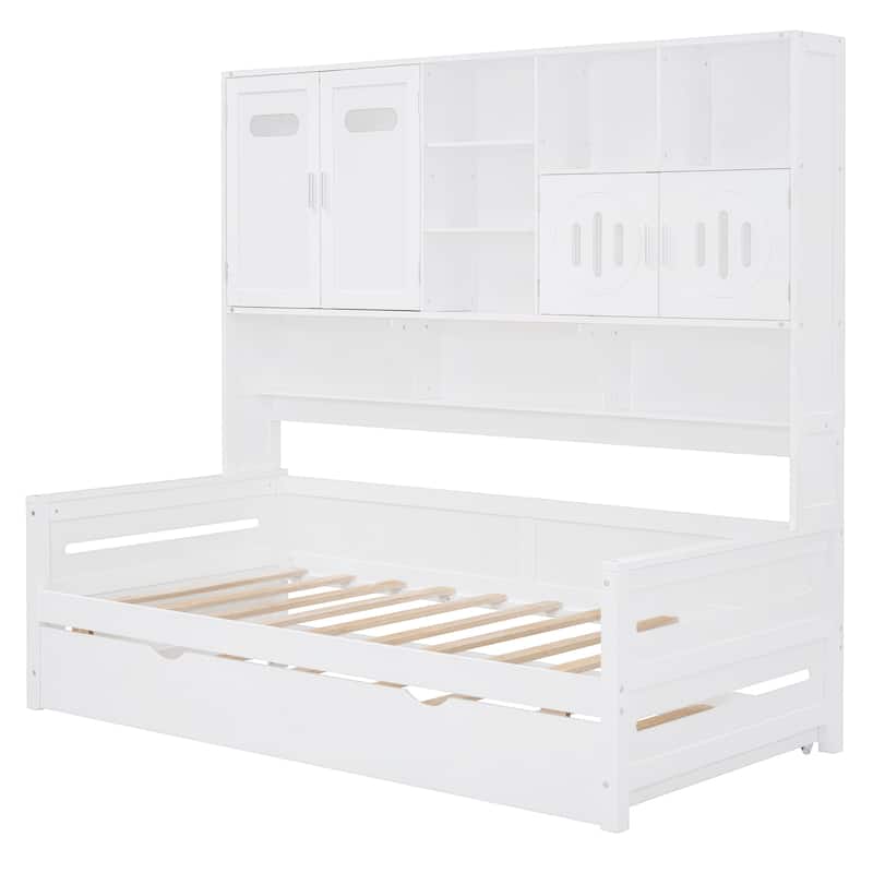 Space-Saving Twin Size Daybed with All-in-One Cabinet, Wooden Platform Bed Frame with Twin Trundle & Shelf, No Box Spring Needed