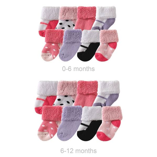 slide 1 of 1, Luvable Friends Infant Girl Grow with Me Cotton Terry Socks, Pink Black, 0-6 and 6-12 Months - Pink Black 16-Pack Pink Black 16-Pack - 0-6 and 6-12 Months
