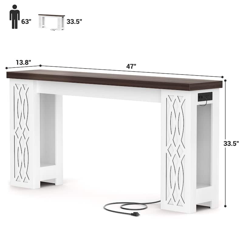47" Farmhouse Console Table with RGB LED Light ＆ Power Outlets, Unique Carved Design Farmhouse Entryway Table Sofa Table