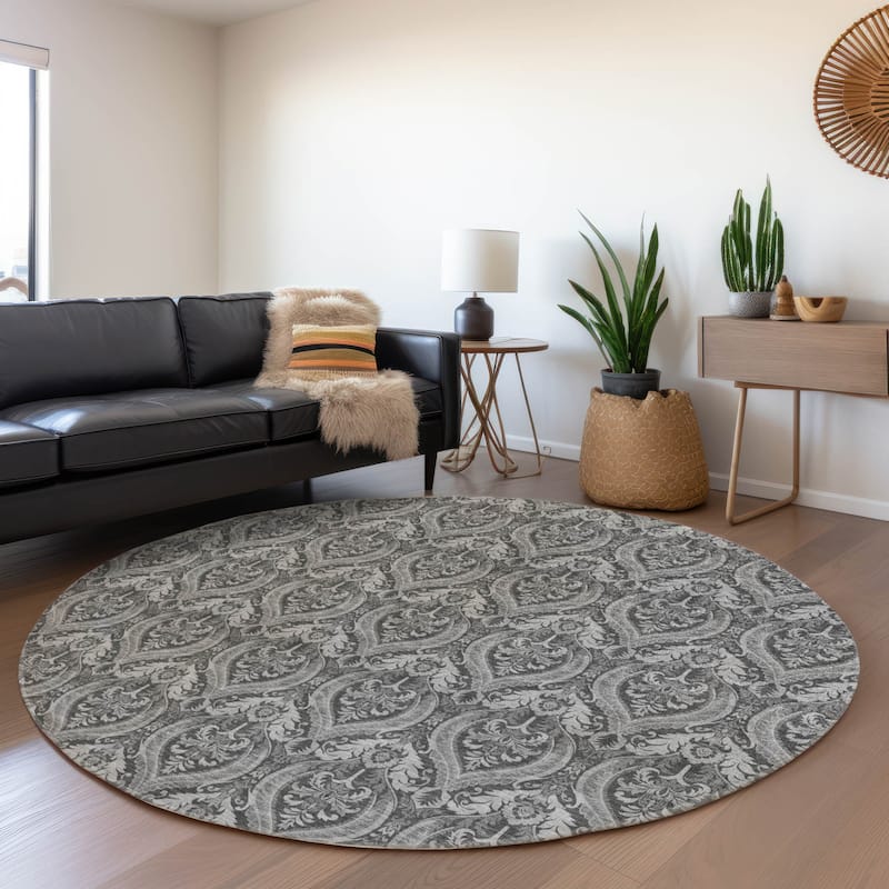 Machine Washable Indoor/ Outdoor Damask Chantille Rug - Gray - 8' x 8'