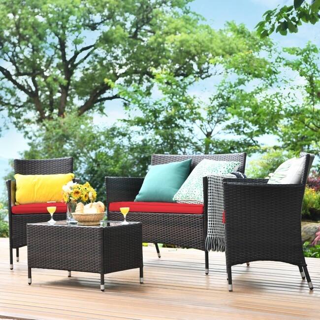 Rattan Patio Conversation Furniture Set with Glass Table and Comfortable Sofa - 4 Pcs