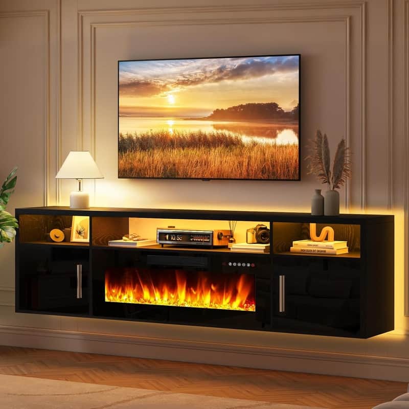 BOSSIN 70" Floating TV Stand with 36" Electric Fireplace, High Gloss Finish Wall Mounted Fireplace TV Stand with Storage