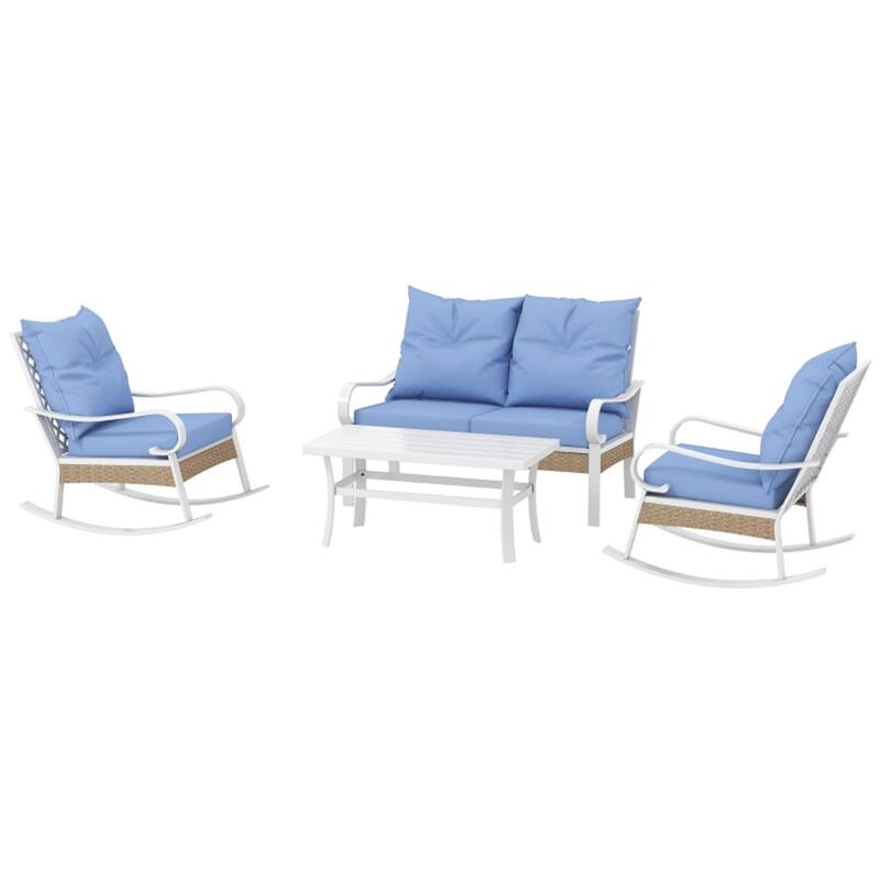 4-Piece Outdoor Patio Furniture Set PE Rattan Rocking Chairs Loveseat and Coffee Table with Cushions for Garden Balcony Deck - Light Blue