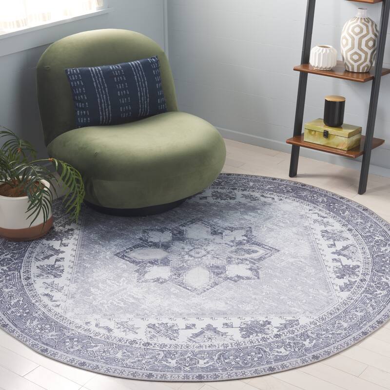 SAFAVIEH, Tucson Machine Washable Slip Resistant Therese Oriental Medallion - 6' Round - Light Grey