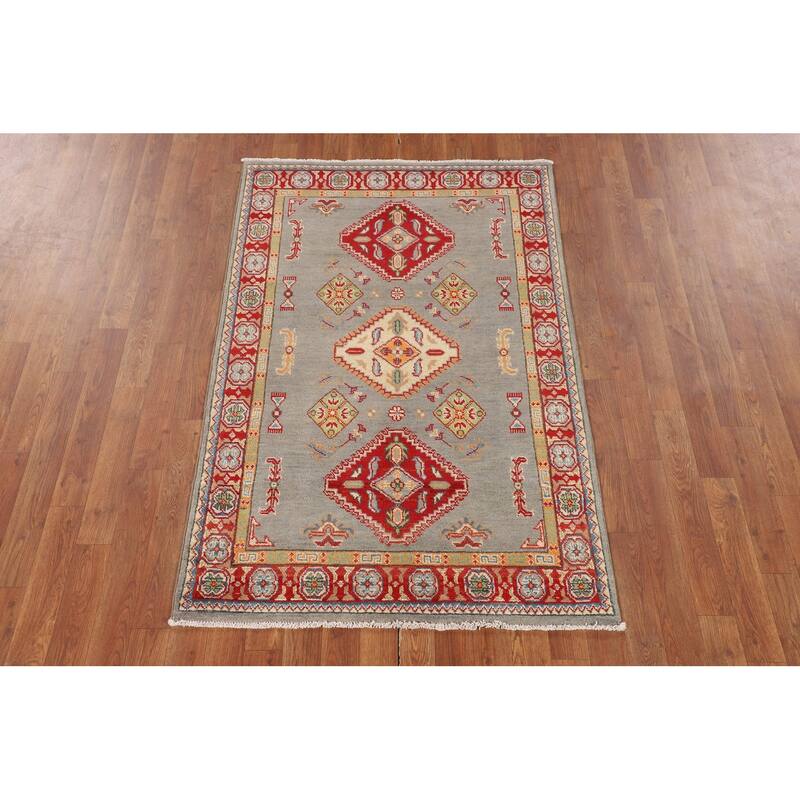 Geometric Kazak Accent Rug Hand-Knotted Oriental Wool Carpet - 3'3" x 5'0"