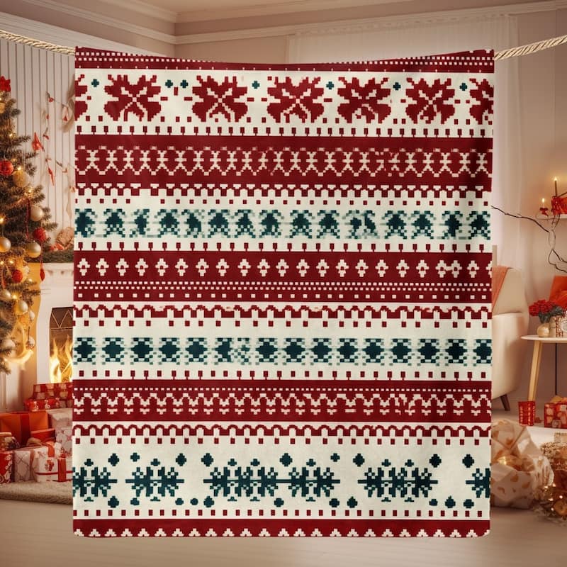 Christmas Striped Flannel Fleece Throw Blanket — Soft Holiday Blanket - Green and Burgundy - 30"x40"