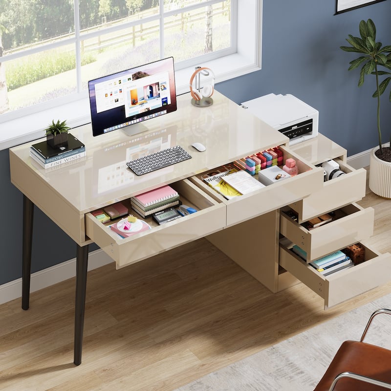 Reversible Vanity Desk with 5 Drawers, Glossy White Dressing Table