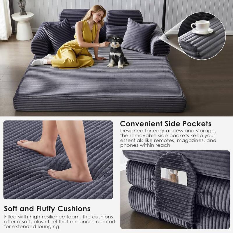 Convertible Sleeper Sofa Bed, 78.5" Corduroy Foldable Loveseat Sofa, King Size Floor Mattress Couch, No Assembly Required