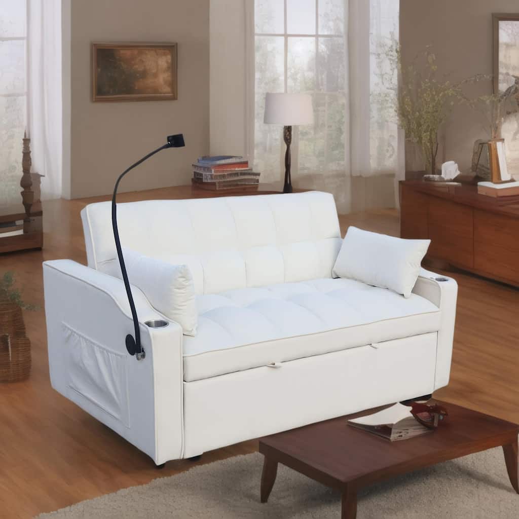 Foldable Sofa Bed with USB and Phone Holder, 2-Seat Settee with Two Pillows, Love Seat Couch with Adjustable Backrest