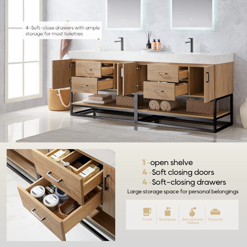 Alistair 84" Double Vanity with White Grain Stone Top and Mirror - 84" x 22"