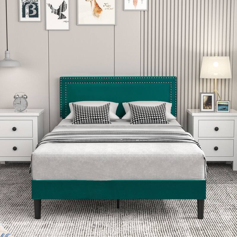 Upholstered Platform Bed Frame with Adjustable Headboard, Velvet Nailhead Trim, No Box Spring Needed