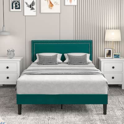 Upholstered Platform Bed Frame with Adjustable Headboard，Twin/Full/Queen Size Beds, Dark Green