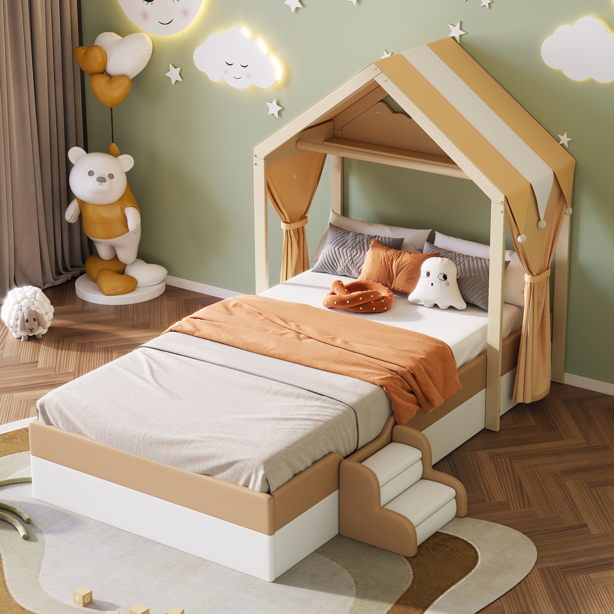 Twin Size Upholstered House Bed with Curtains and Safety Fence Faux Leather Montessori Platform Bed Frame for Kids Girls Boys Bed Bath Beyond 41075762