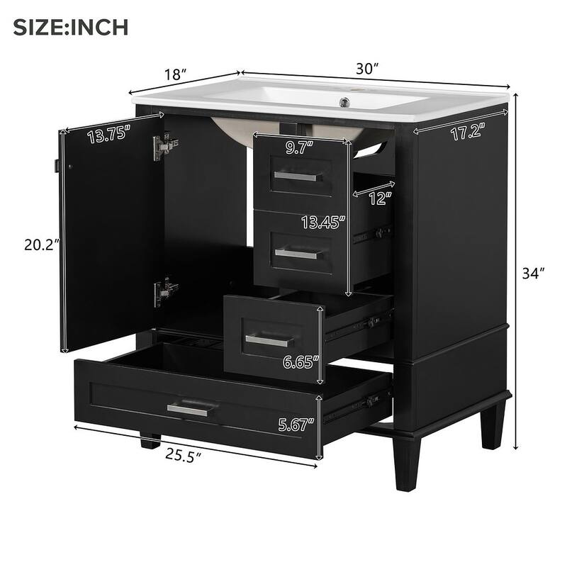 30" Bathroom Vanity With Sink, Solid Wood Bathroom Storage Cabinet