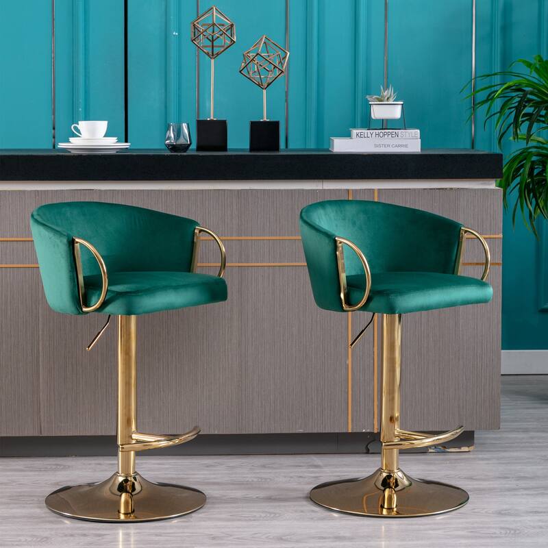 Set of 2 Bar Stools,with Chrome Footrest,Base Swivel Height Adjustable Mechanical Lifting Velvet + Golden Leg Simple Bar Stool