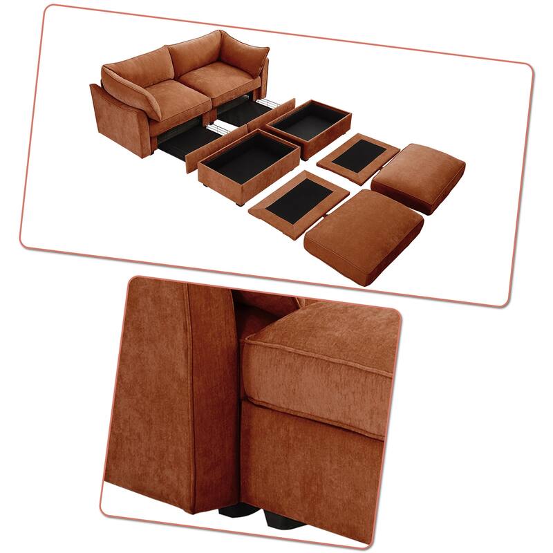 Chenille Fabric Upholstered Sectional Sofa with Under-Seat Drawers and Storage Ottoman