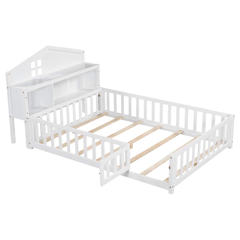 White Full Size Plywood Montessori Floor Bed with Bookcases, Blackboards, Guard rails