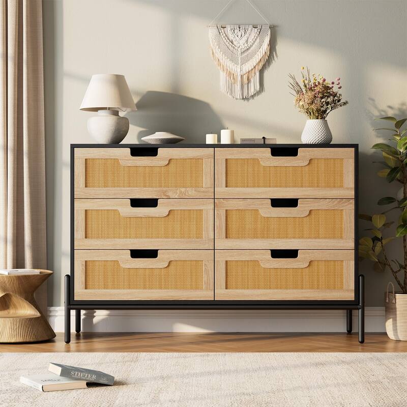 Rattan 6 Drawer Dresser for Bedroom, Modern Farmhouse Wooden Storage Cabinet with Legs
