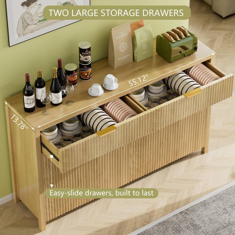 55"Fluted Sideboard Buffet Cabinet with Storage Drawers and Adjustable Shelves