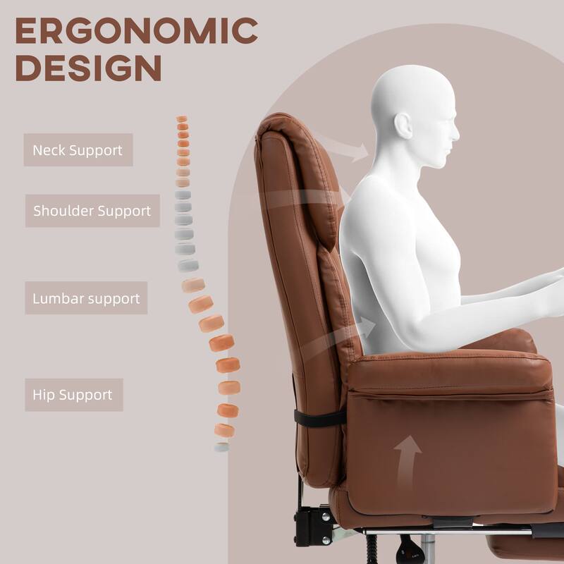 Executive Office Chair PU Leather Ergonomic Desk Chair with Footrest Tilt Swivel and Lumbar Support, for Home Office, Brown