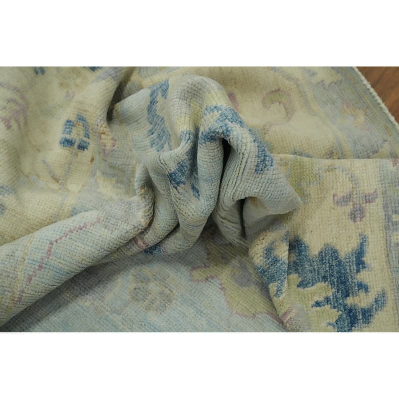 Handmade Blue Oushak Vegetable Dye Area Rug, Floral Geometric Carpet - 10' 3'' X 7' 11''
