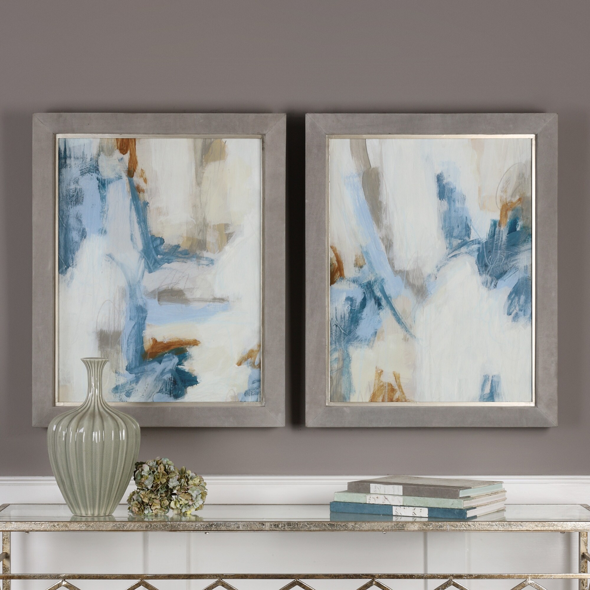 Shop Uttermost 41493 Intermittent Two Piece Framed Abstract Painting On Blue Silver Leaf Overstock 23005480