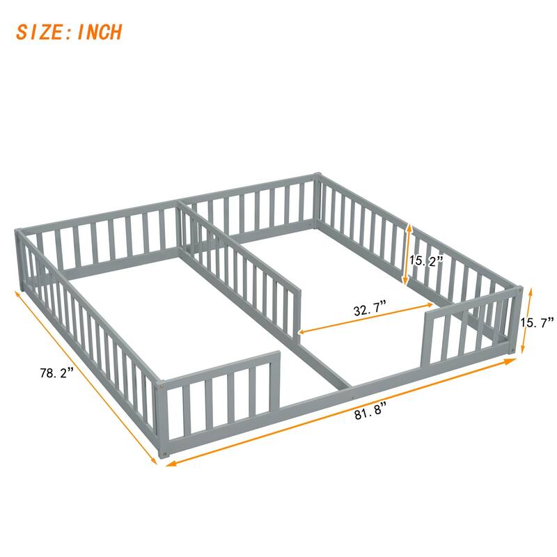 Double Twin Floor Bed with Fence, Guardrails,Without Door