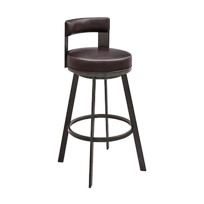 Ami 26 Inch Swivel Counter Stool Chair, Curved Open Back Brown Faux Leather