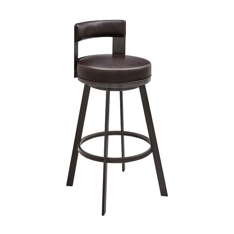 Ami 30 Inch Swivel Barstool Chair, Curved Open Back Brown Faux Leather