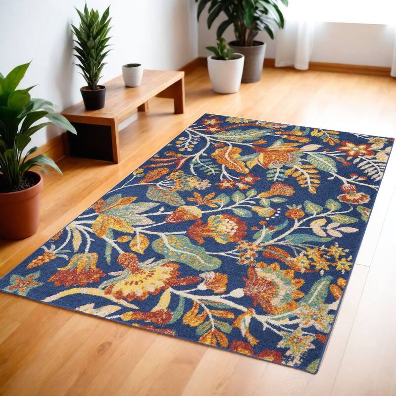 Gafe Power Loomed Floral Traditional Low Pile Durable Area Rug By HomeRoots - 72' X '48' X '0.25 - 72' X '48' X '0.25 - Oxford Blue - Rectangle