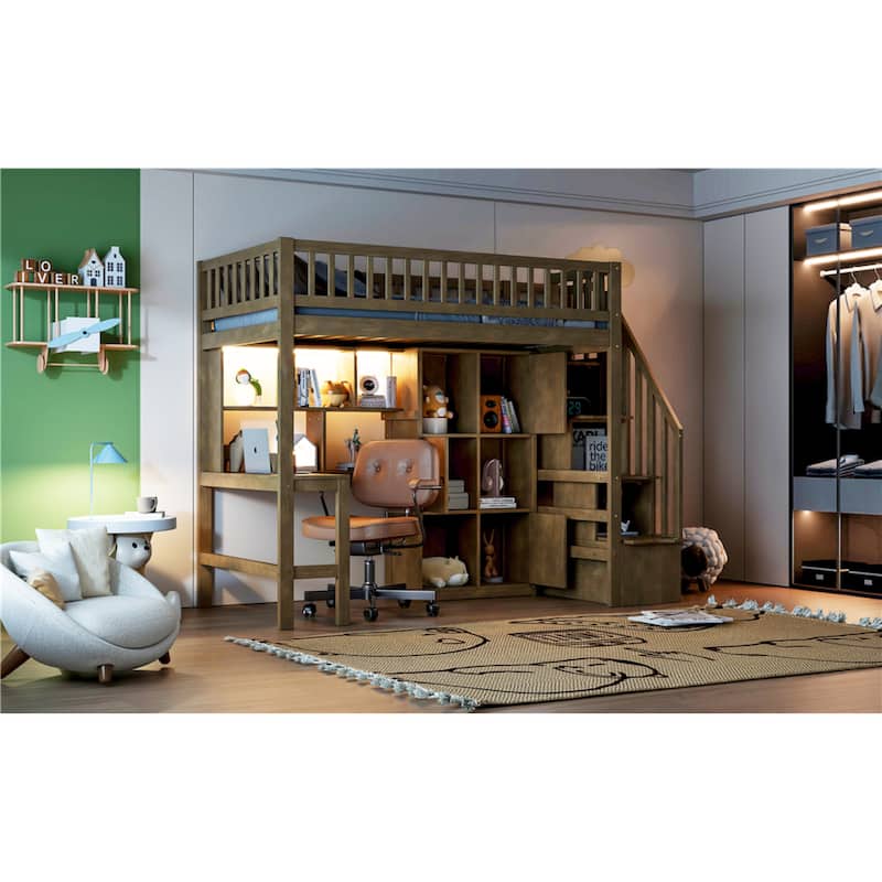 Roomfitters Twin Wood Loft Bed with Built-in Desk, Storage Cabinets and LED Light