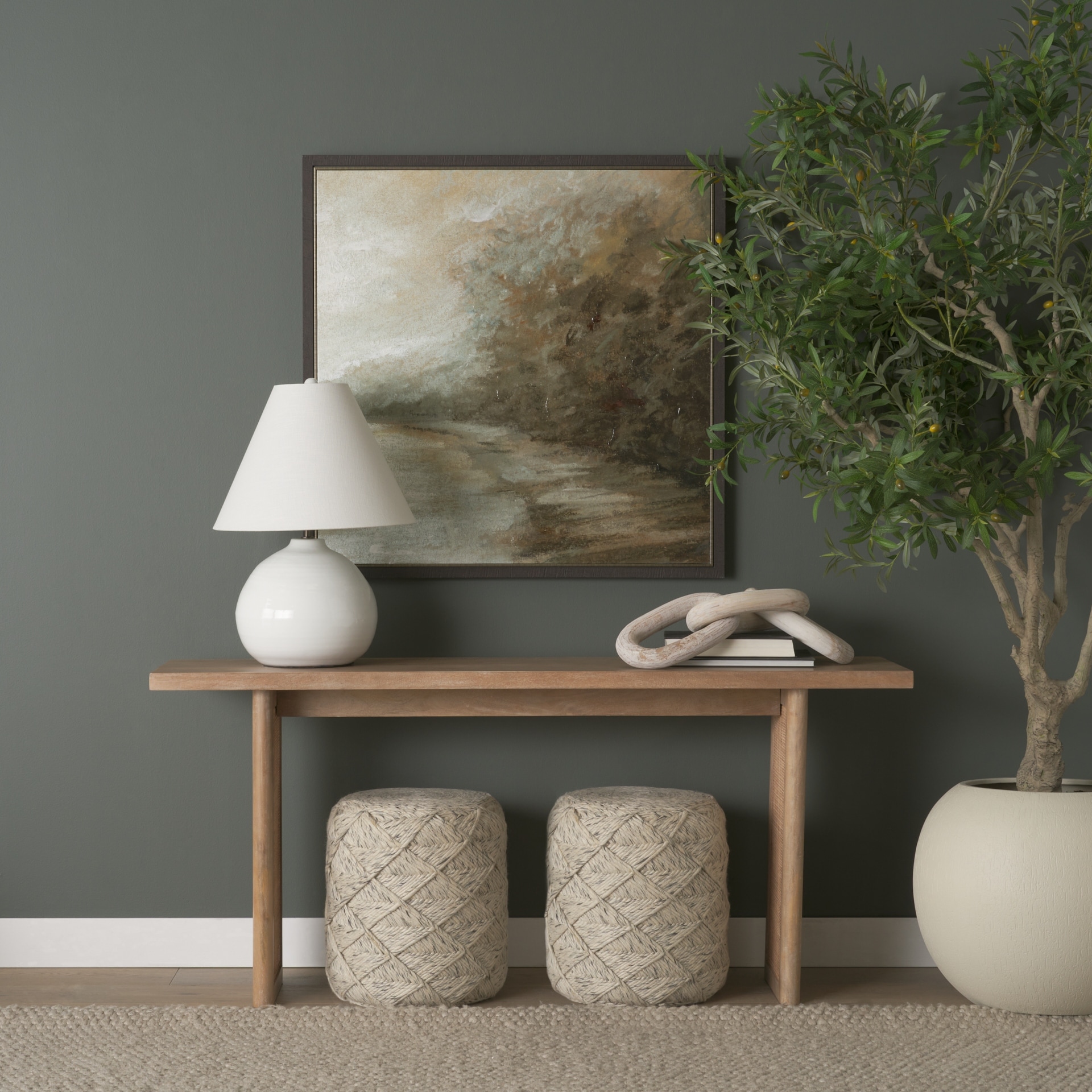 Mercana "Esfera" Beige Patterned Woven Wool Round Pouf