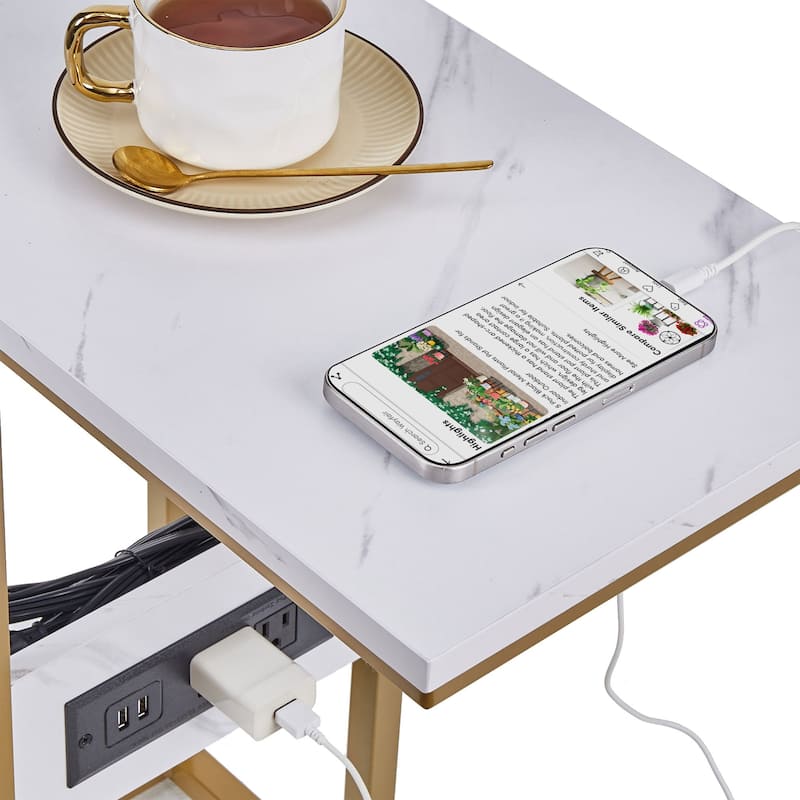 Javlergo Set of 2 C-Shaped End Tables with Charging Station Outlets & USB Fits Sofa Bed for Small Spaces Nightstand & Sofa Table