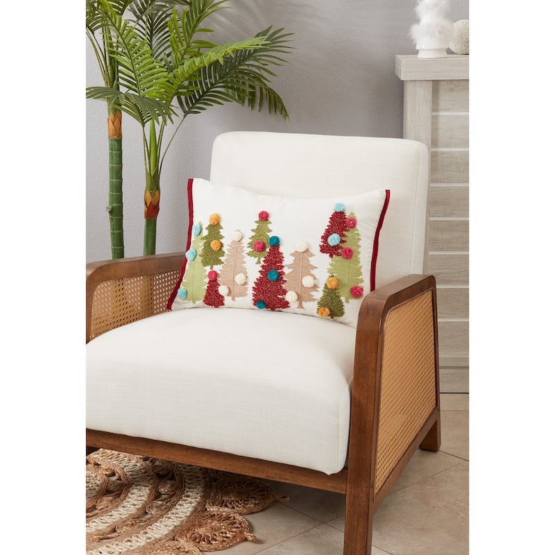 Holiday Cheer Pom Pom Christmas Trees Throw Pillow