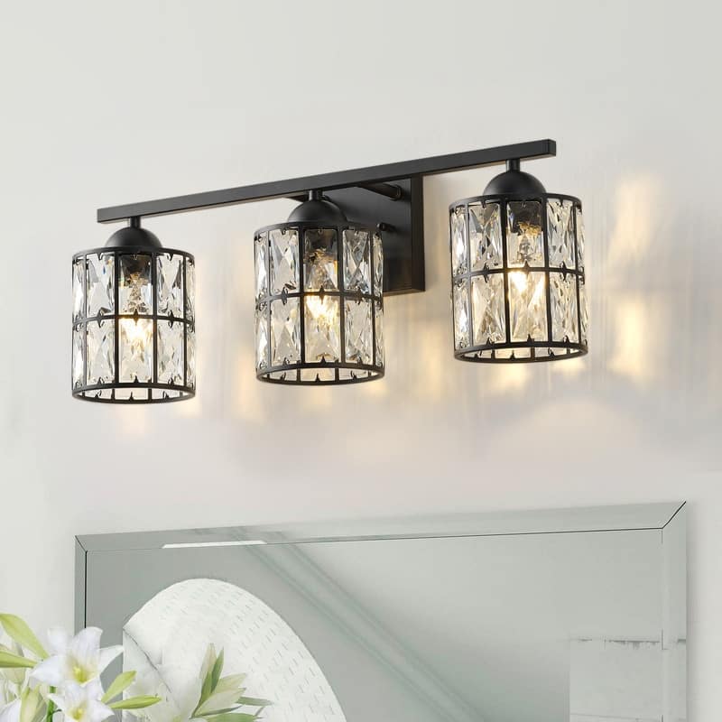 Modern 3-Light Bathroom Vanity Light in Matte Black with Clear Crystal Shades Wall Sconce Fixture